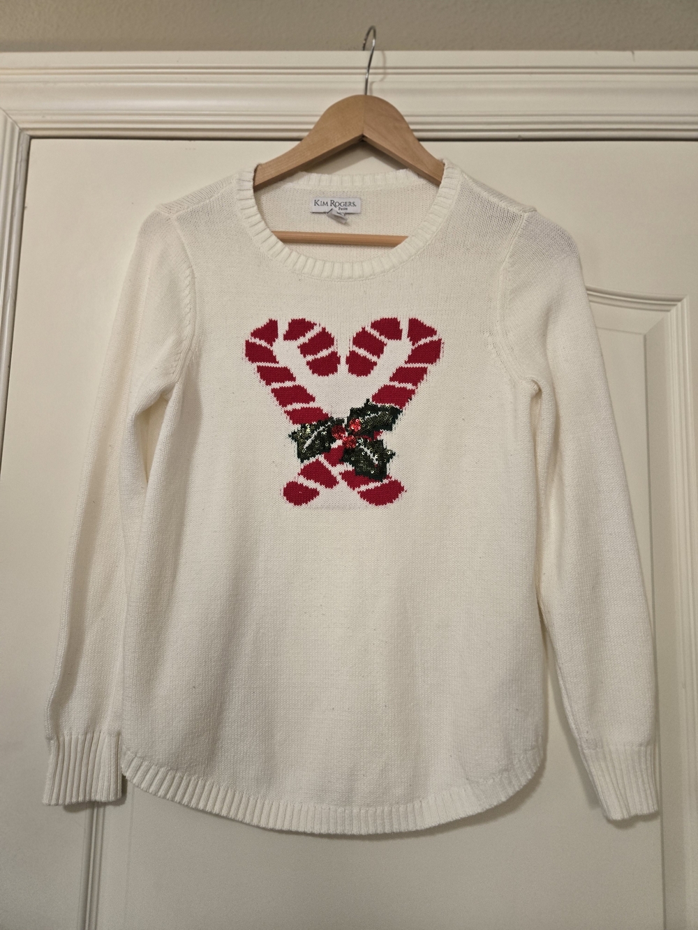 Kim Rogers White Sweater with Red Candy Cane Heart and Green Holly Cozy Warm